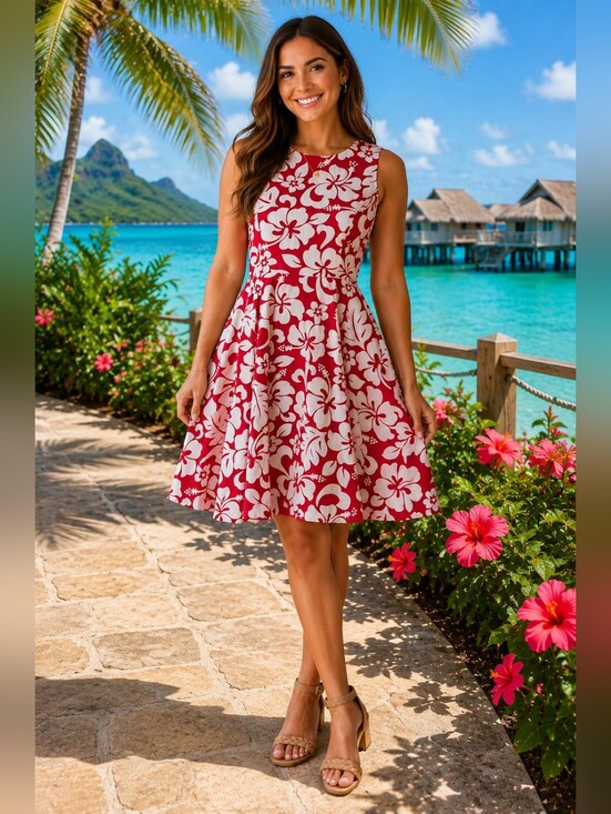 Hawaii Hangover Dresses & Skirts - Hawaii Hangover Red Tropical Floral Fit and Flare Sun Dress